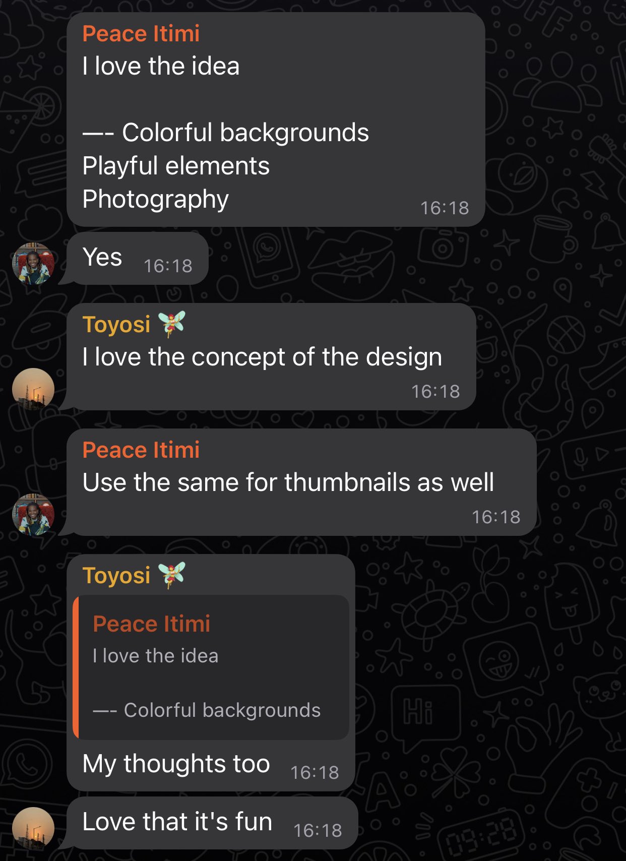 Team chat praising the brand design